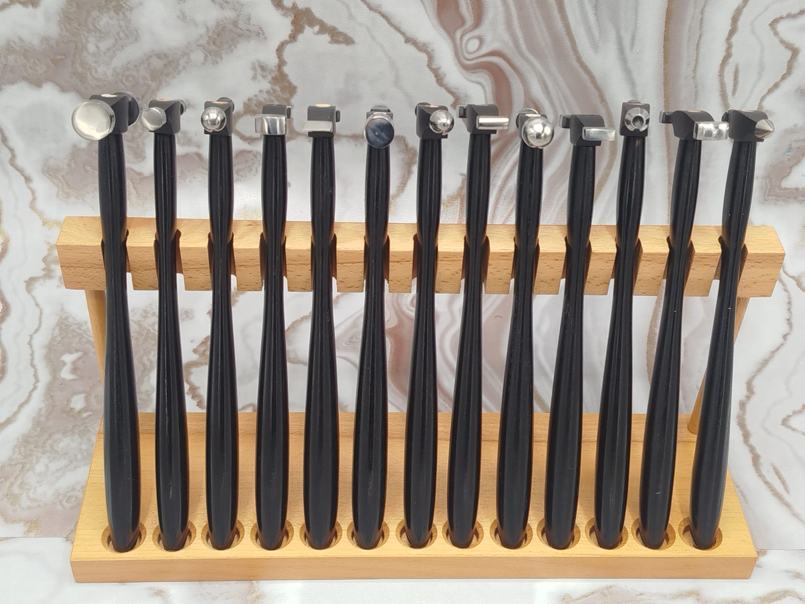 13pc Jewelry Texturing Hammer Set & Wood Stand – Goldsmith Metalworking Tools - Image 2