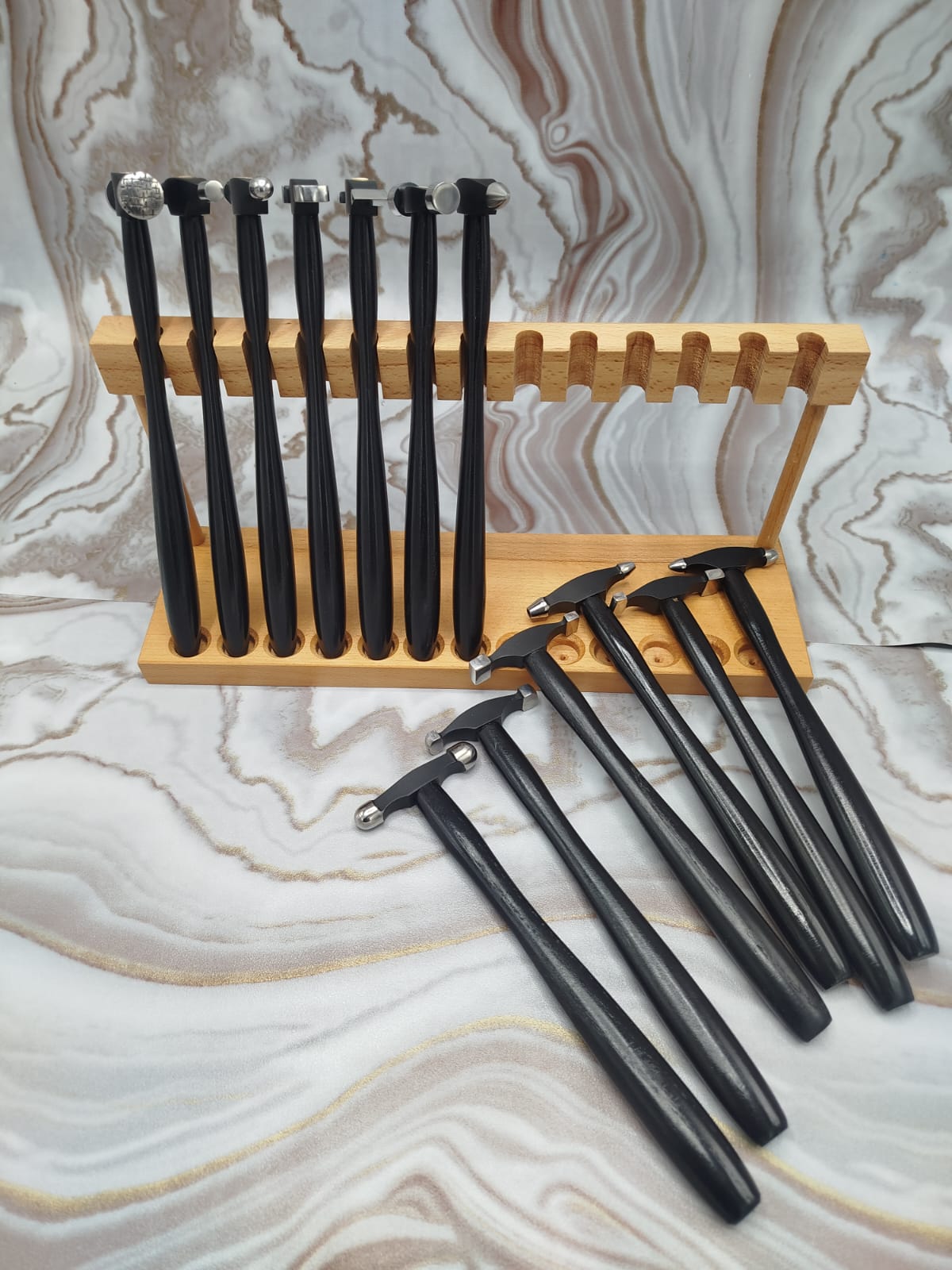 13pc Jewelry Texturing Hammer Set & Wood Stand – Goldsmith Metalworking Tools - Image 4