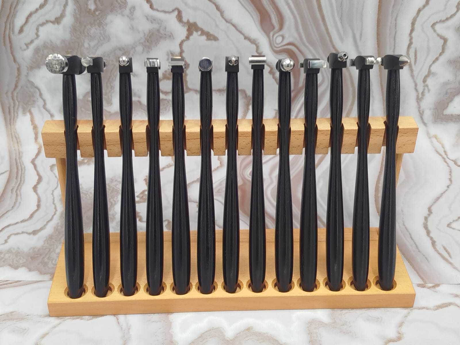 13pc Jewelry Texturing Hammer Set & Wood Stand – Goldsmith Metalworking Tools - Image 5