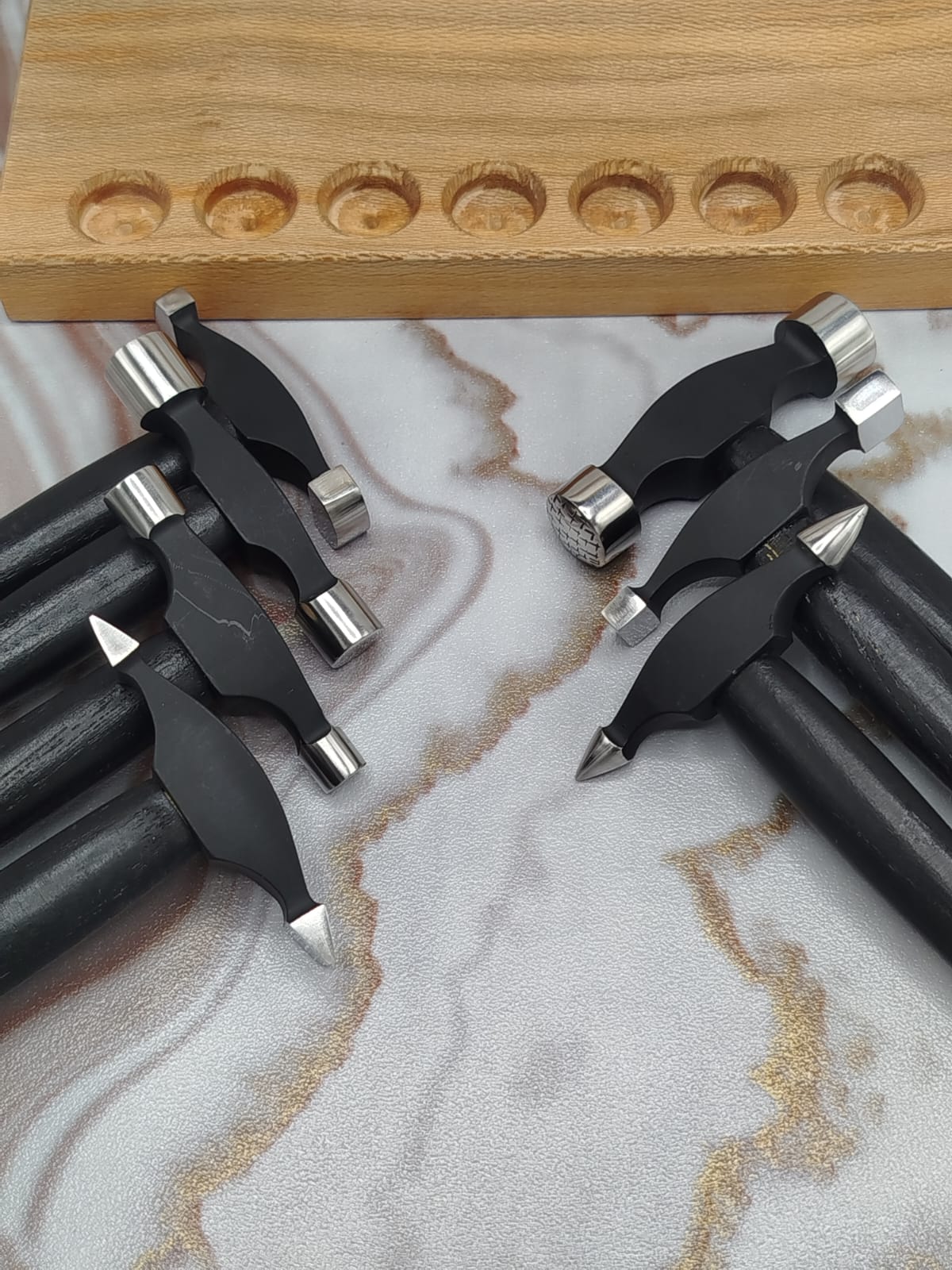 07-Pcs Jewelry Designer Hammer Set with Wooden Stand for Metal Forming Tools - Image 4