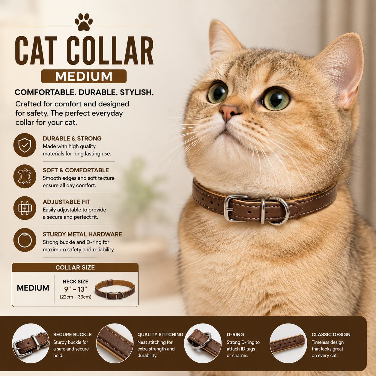 Cat Collar Medium 9-13 Inch Adjustable Leather Collar with Buckle & D-Ring