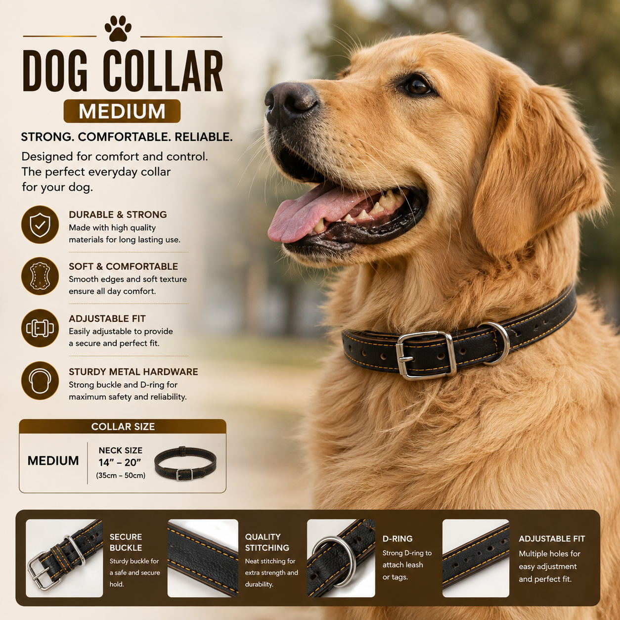 Dog Collar Medium 14-20 Inch Adjustable Leather Collar with Buckle & D-Ring
