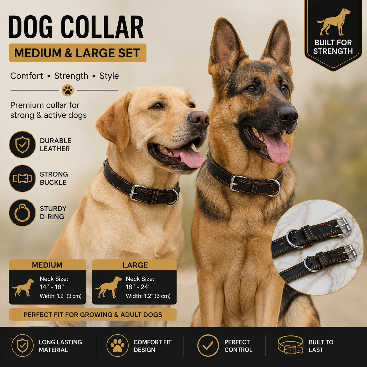 Dog Collar Set of 2 Medium & Large Adjustable Leather Collars for Dogs