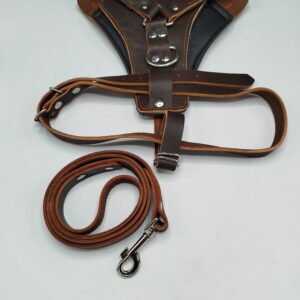 Leather Dog Harness and Leash Set Heavy Duty Brown Padded Pet Chest Strap with Leash