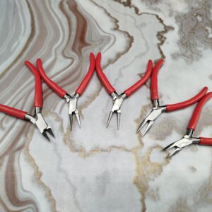 5-Piece Mini Pliers Set Red Handle Side Cutter Round Flat Bent Chain Nose Jewelry Tool Kit