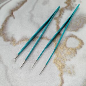 Precision Tweezers Set Teal Coated Fine Tip and Bent Craft Tweezers for Beading and Jewelry