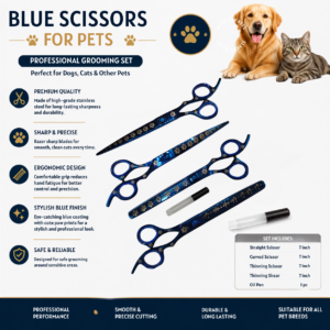 Blue Pet Grooming Scissors Set 4 Pcs Stainless Steel Shears with Oil Pen Professional Kit