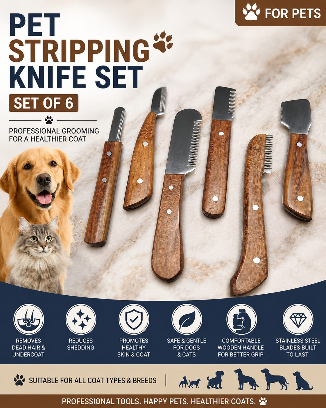 Professional Stripping combs kit (6 Pieces Set) for Dogs & Pets, Wooden Handle - Image 2