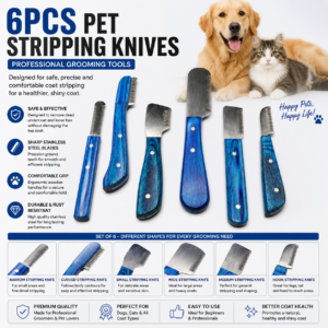 Professional Stripping combs kit (6 Pcs Set) for Dogs & Pets, Blue Wooden Handle